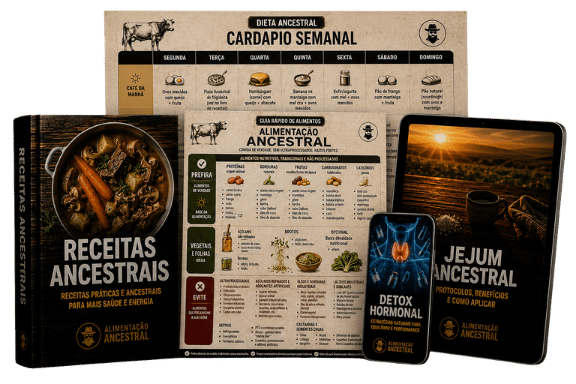 Kit completo do Desafio Dieta Ancestral com livro, cardápio, guias e bônus